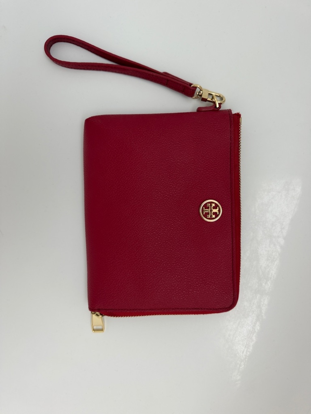 Tory Burch Red Leather Zip Wristlet Clutch with Gold Logo